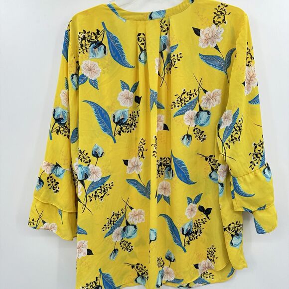 Violet + Claire Floral Blouse Size 3X Yellow Colorful Bell Sleeve Career Pretty - Picture 2 of 8